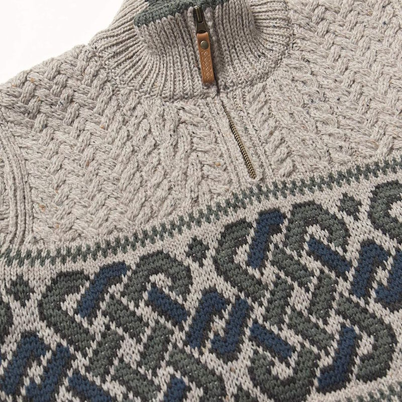 Men's Half-Zipped Jacquard Sweater with Celtic Knitted Design  Oatmeal Colour